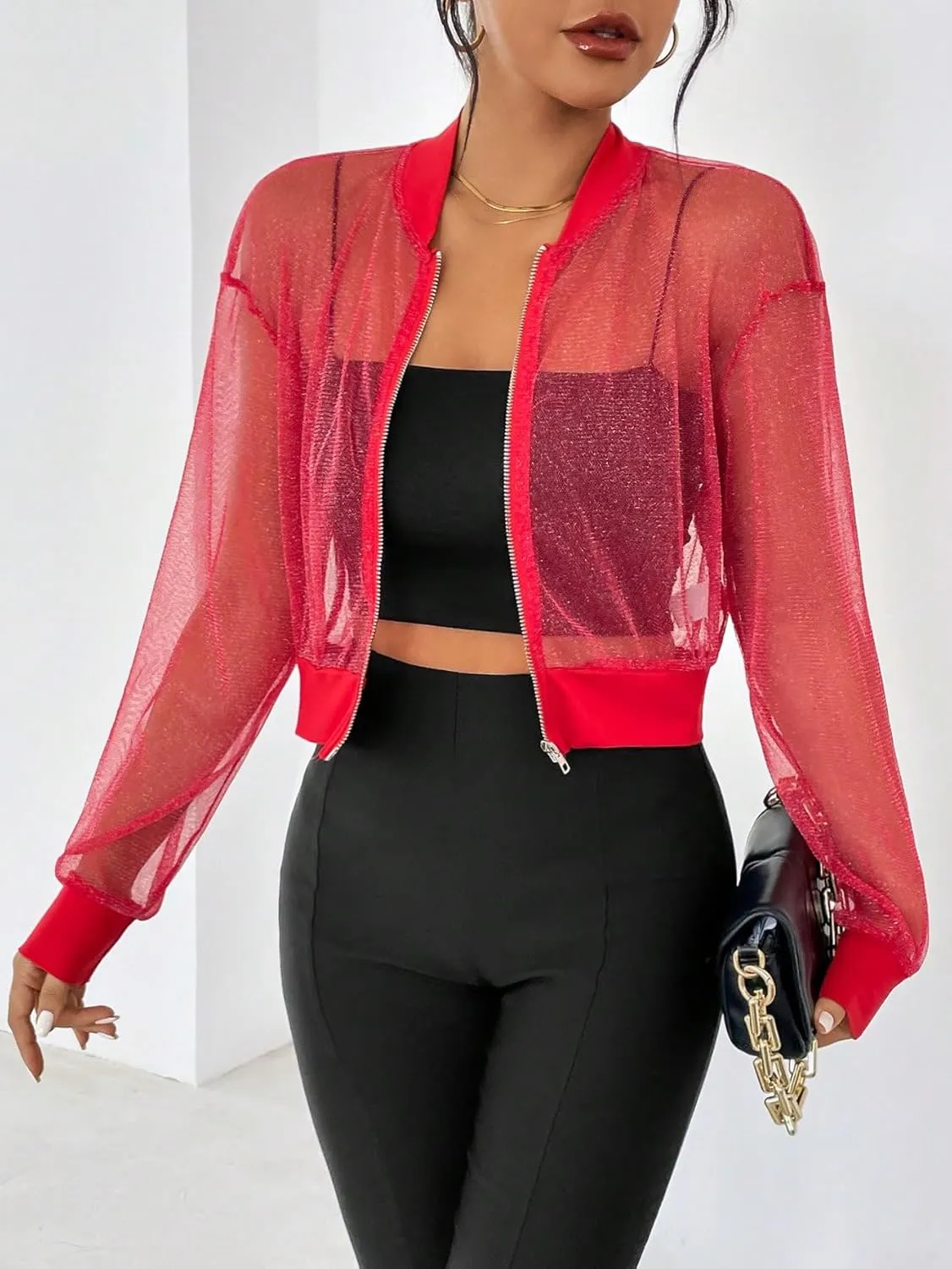 WDIRARA Women's Zip Up Glitter Mesh Bomber Jacket Drop Shoulder Long Sleeve Coats