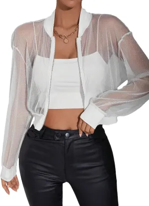 WDIRARA Women's Zip Up Glitter Mesh Bomber Jacket Drop Shoulder Long Sleeve Coats