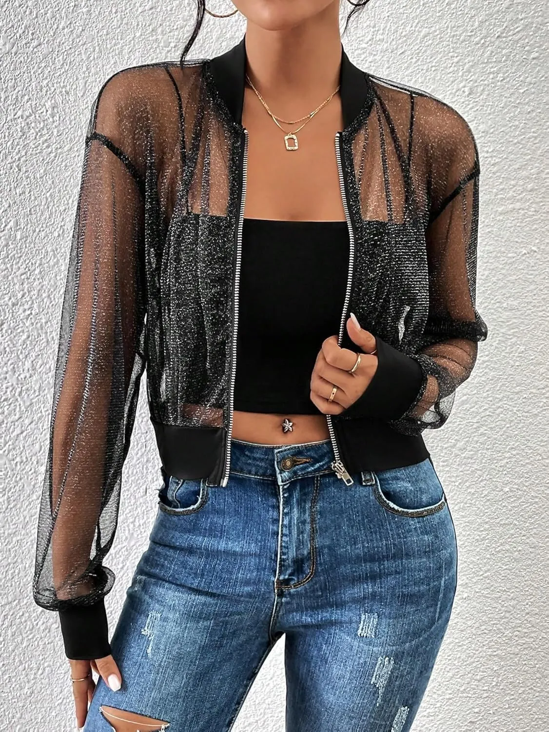 WDIRARA Women's Zip Up Glitter Mesh Bomber Jacket Drop Shoulder Long Sleeve Coats