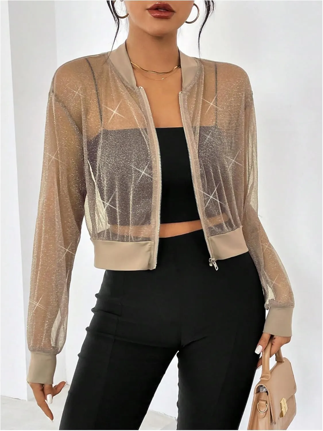 WDIRARA Women's Zip Up Glitter Mesh Bomber Jacket Drop Shoulder Long Sleeve Coats
