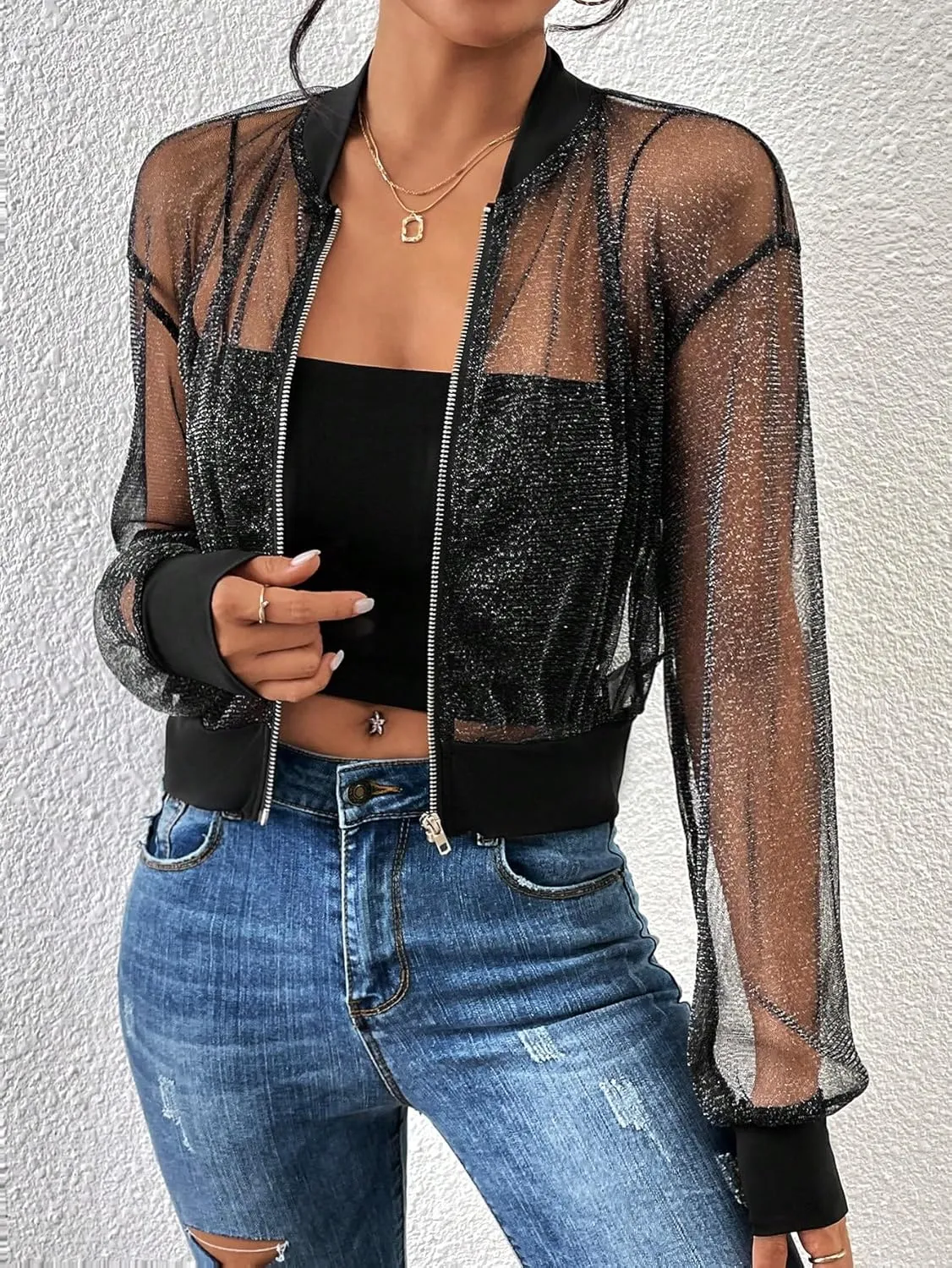 WDIRARA Women's Zip Up Glitter Mesh Bomber Jacket Drop Shoulder Long Sleeve Coats