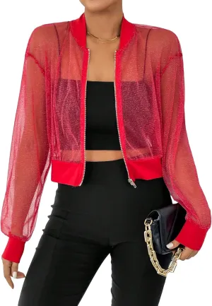 WDIRARA Women's Zip Up Glitter Mesh Bomber Jacket Drop Shoulder Long Sleeve Coats