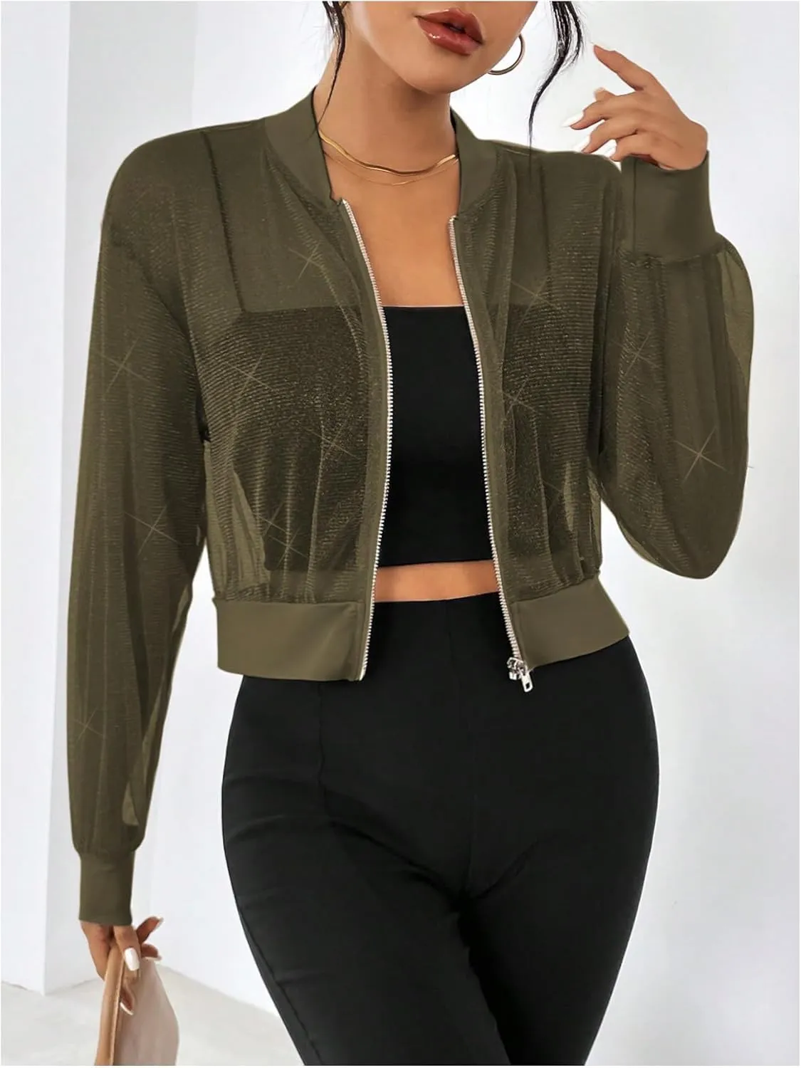 WDIRARA Women's Zip Up Glitter Mesh Bomber Jacket Drop Shoulder Long Sleeve Coats