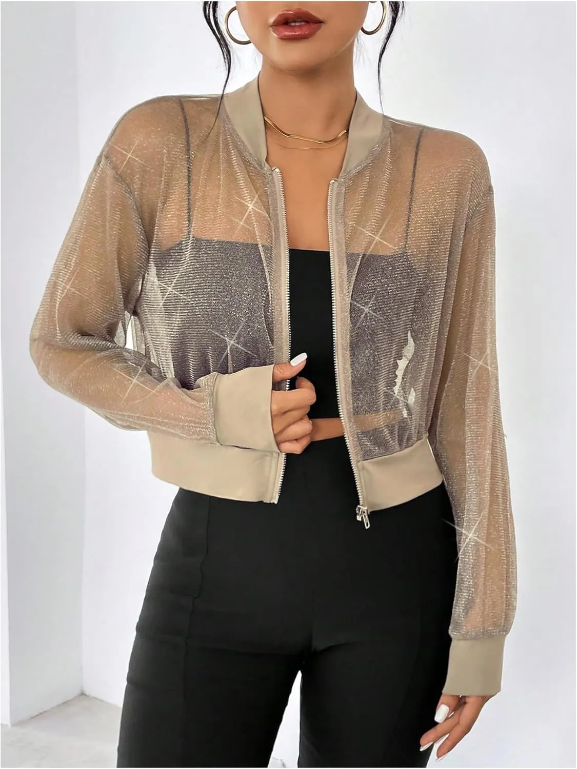 WDIRARA Women's Zip Up Glitter Mesh Bomber Jacket Drop Shoulder Long Sleeve Coats
