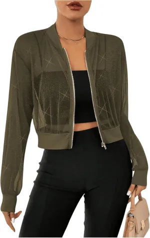 WDIRARA Women's Zip Up Glitter Mesh Bomber Jacket Drop Shoulder Long Sleeve Coats