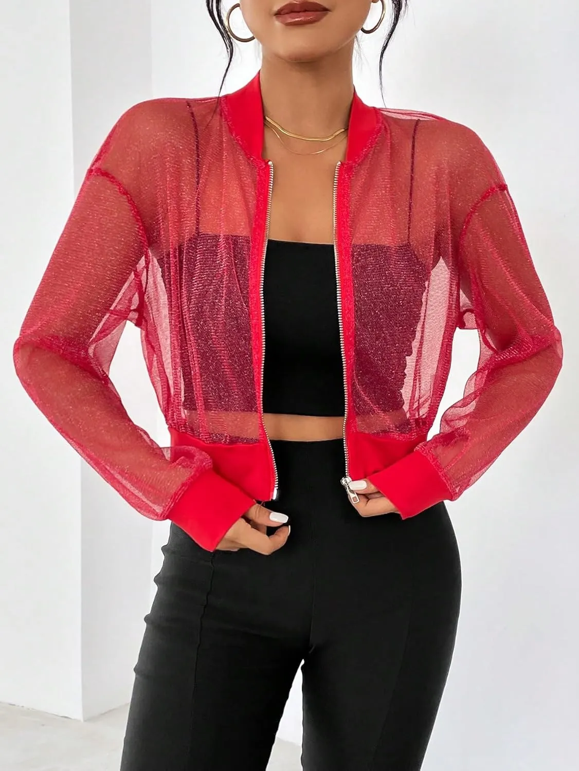 WDIRARA Women's Zip Up Glitter Mesh Bomber Jacket Drop Shoulder Long Sleeve Coats