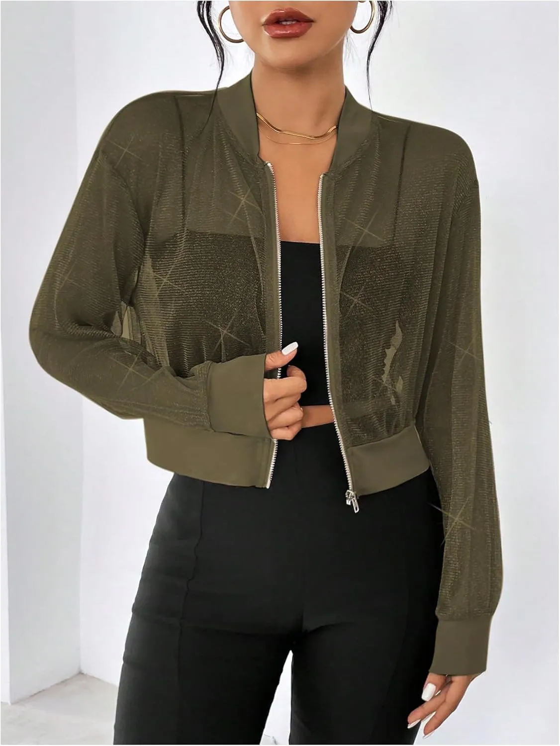 WDIRARA Women's Zip Up Glitter Mesh Bomber Jacket Drop Shoulder Long Sleeve Coats