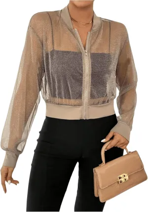 WDIRARA Women's Zip Up Glitter Mesh Bomber Jacket Drop Shoulder Long Sleeve Coats
