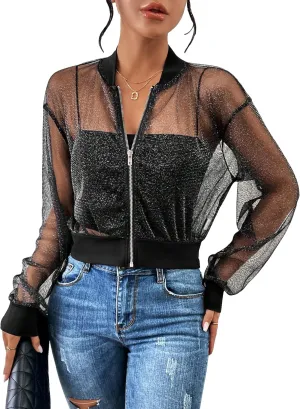WDIRARA Women's Zip Up Glitter Mesh Bomber Jacket Drop Shoulder Long Sleeve Coats