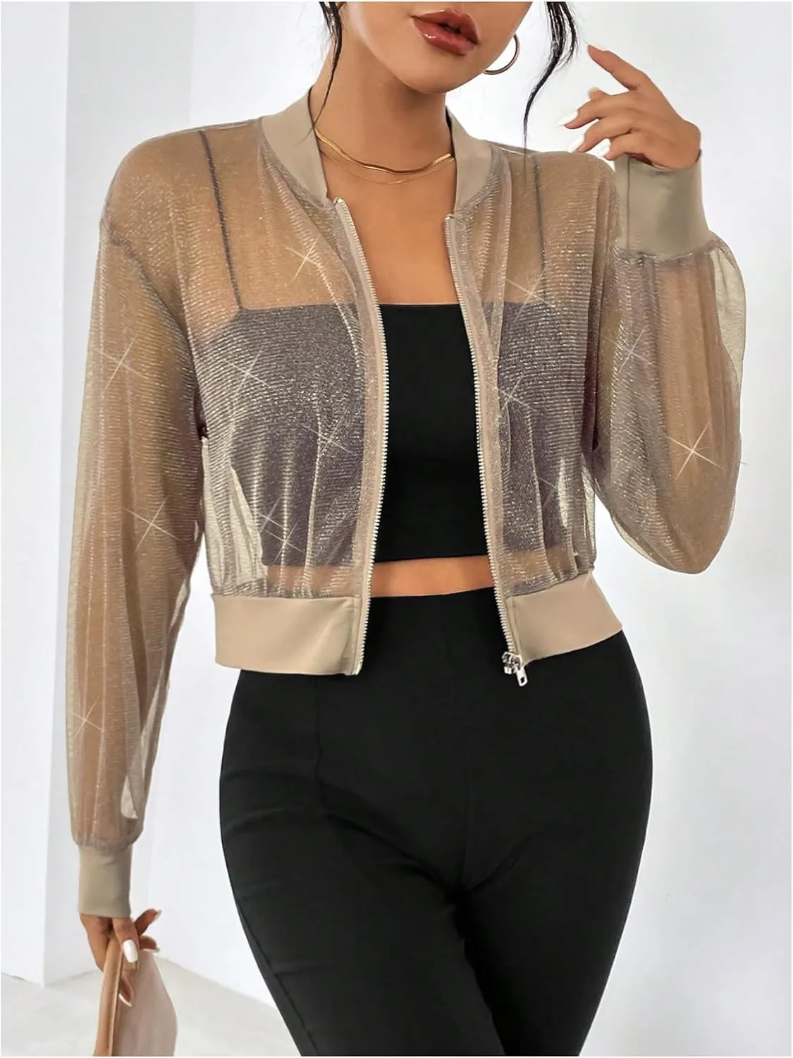 WDIRARA Women's Zip Up Glitter Mesh Bomber Jacket Drop Shoulder Long Sleeve Coats