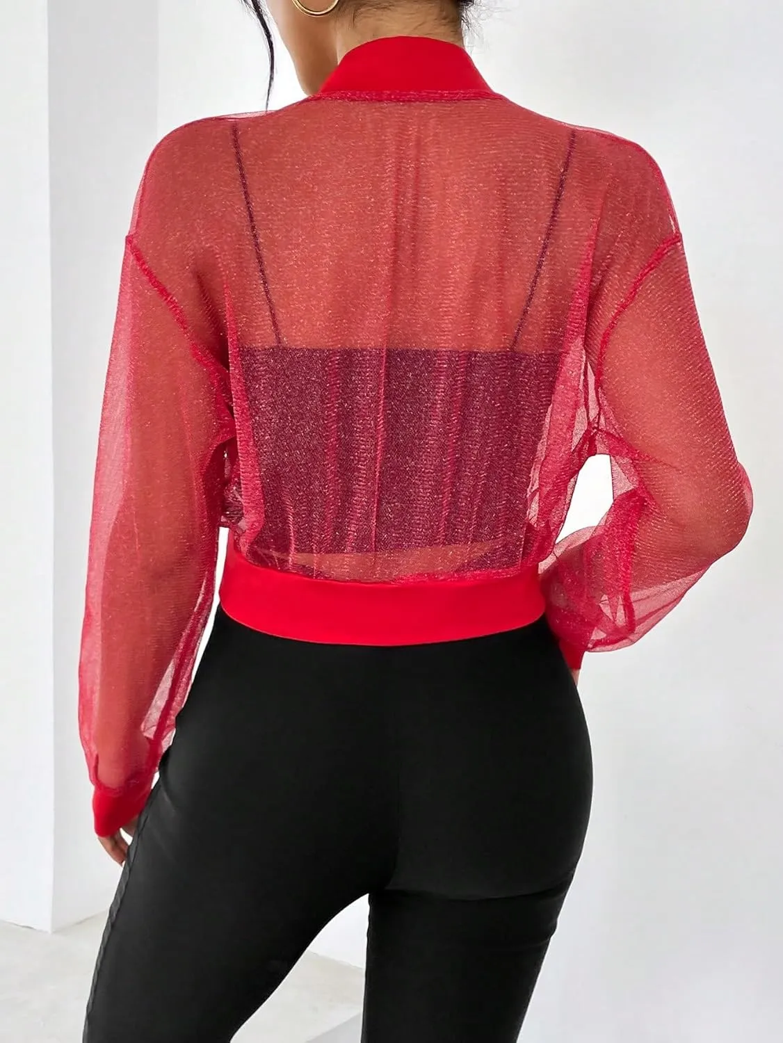WDIRARA Women's Zip Up Glitter Mesh Bomber Jacket Drop Shoulder Long Sleeve Coats