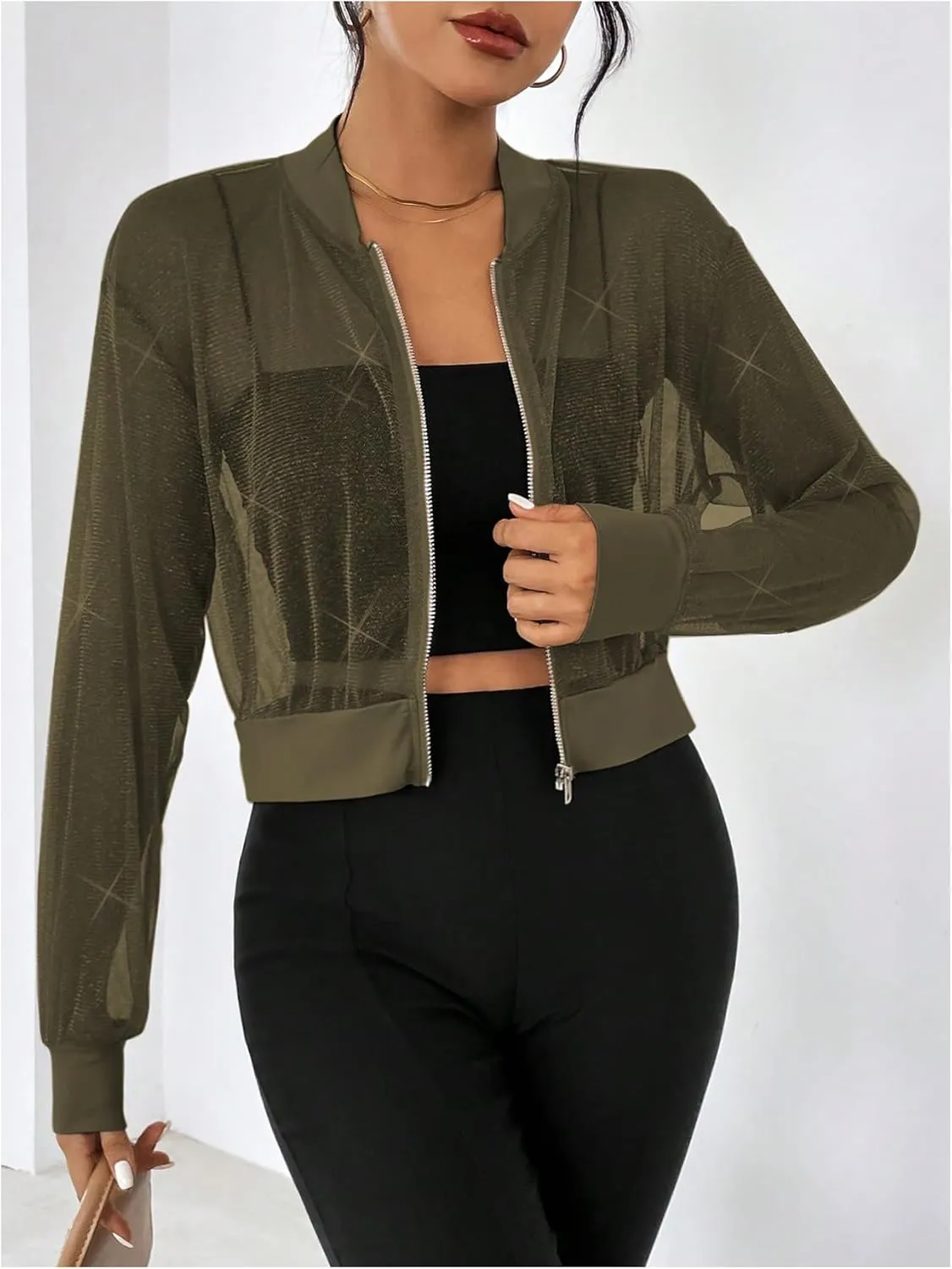 WDIRARA Women's Zip Up Glitter Mesh Bomber Jacket Drop Shoulder Long Sleeve Coats