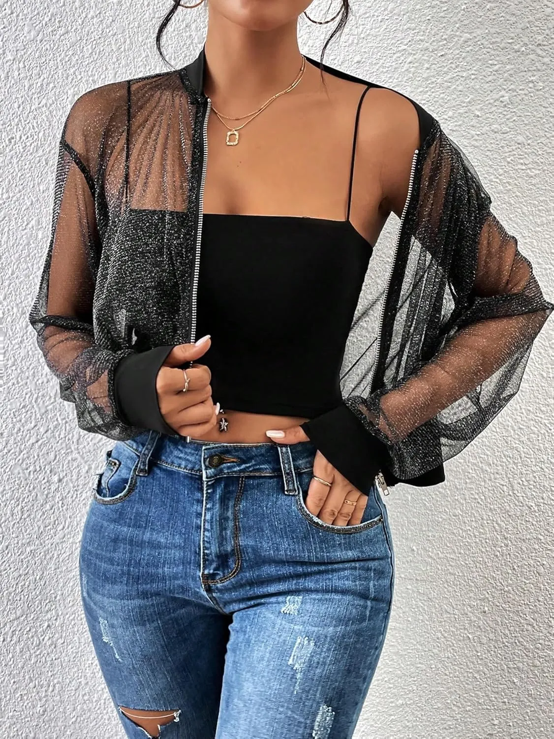 WDIRARA Women's Zip Up Glitter Mesh Bomber Jacket Drop Shoulder Long Sleeve Coats