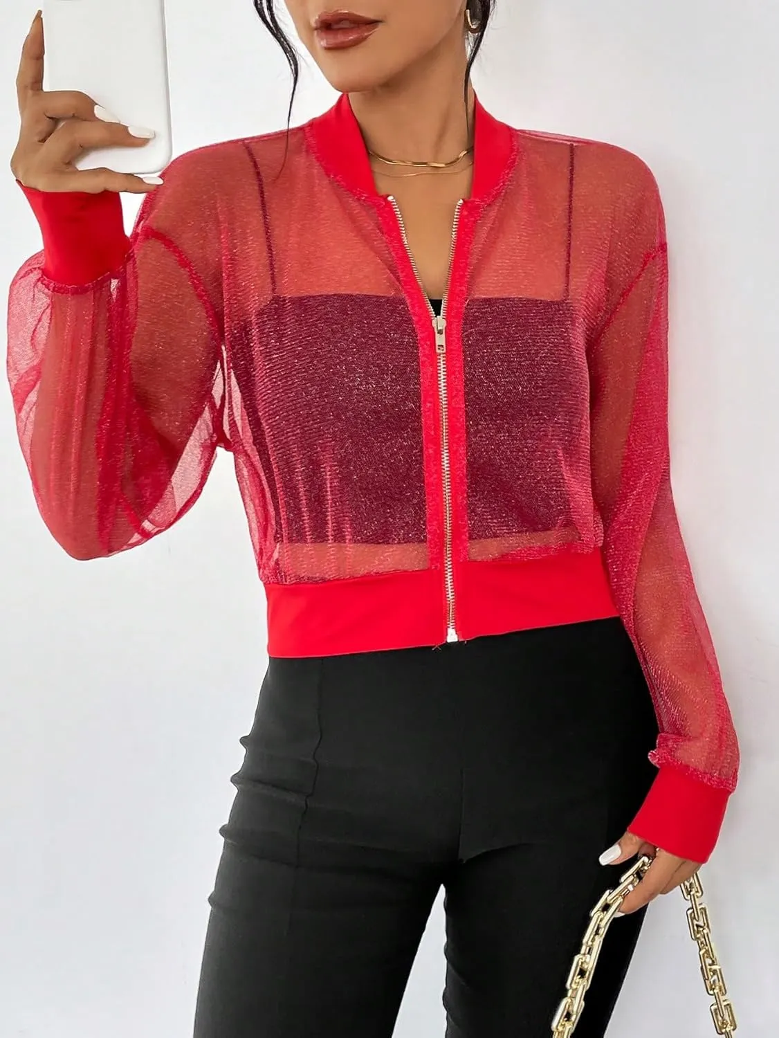 WDIRARA Women's Zip Up Glitter Mesh Bomber Jacket Drop Shoulder Long Sleeve Coats