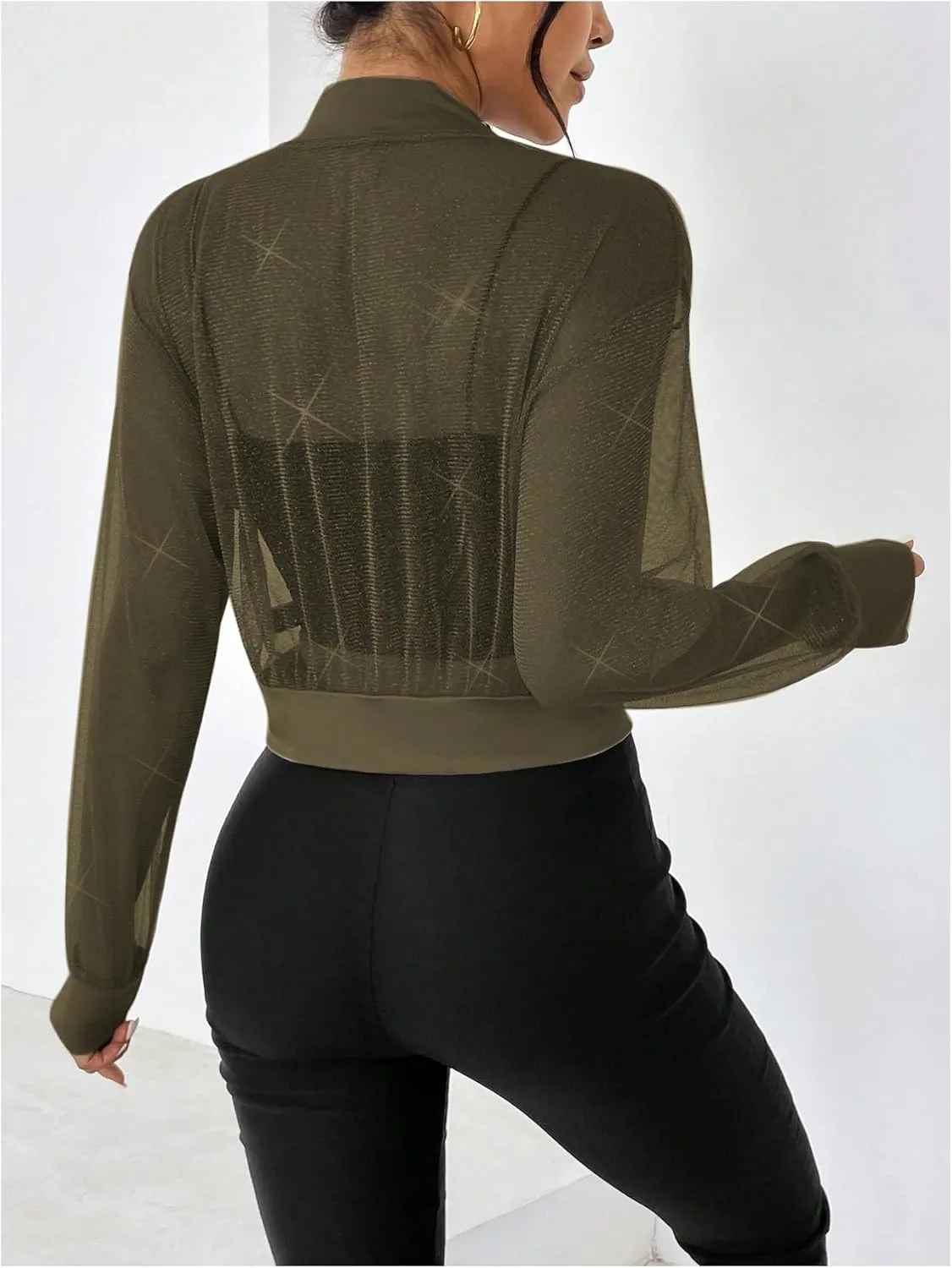 WDIRARA Women's Zip Up Glitter Mesh Bomber Jacket Drop Shoulder Long Sleeve Coats