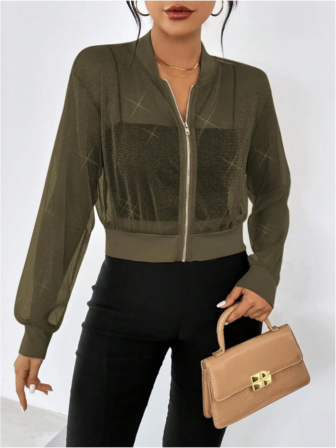 WDIRARA Women's Zip Up Glitter Mesh Bomber Jacket Drop Shoulder Long Sleeve Coats