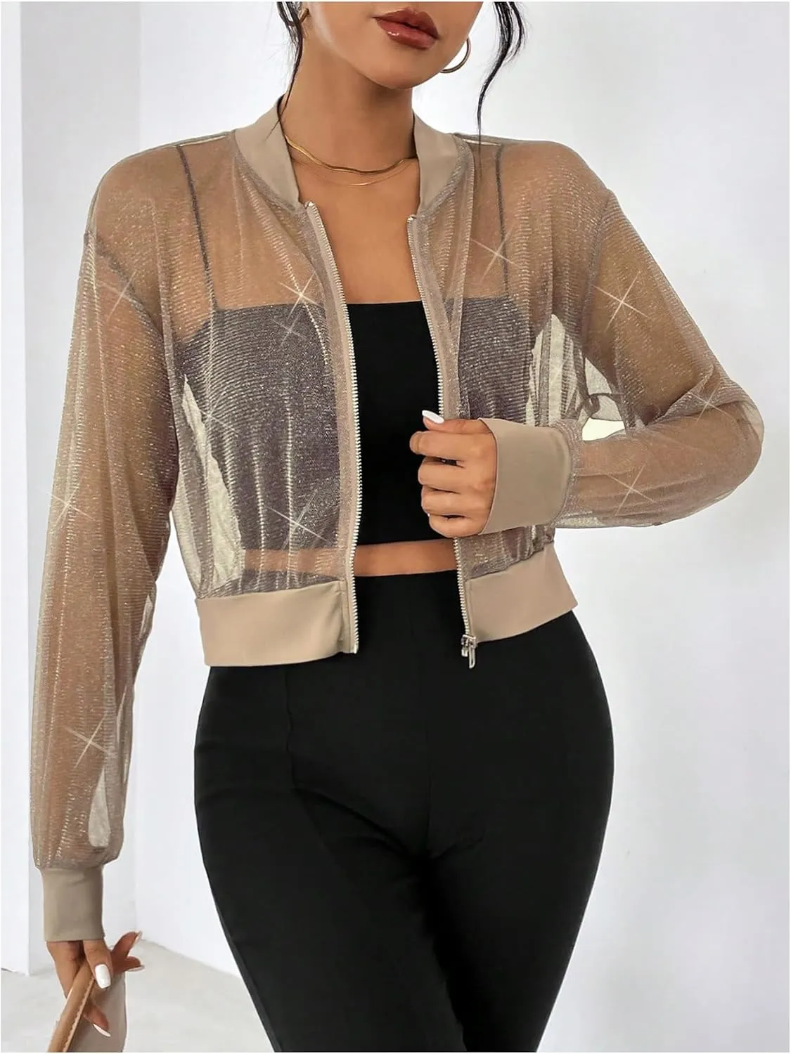 WDIRARA Women's Zip Up Glitter Mesh Bomber Jacket Drop Shoulder Long Sleeve Coats