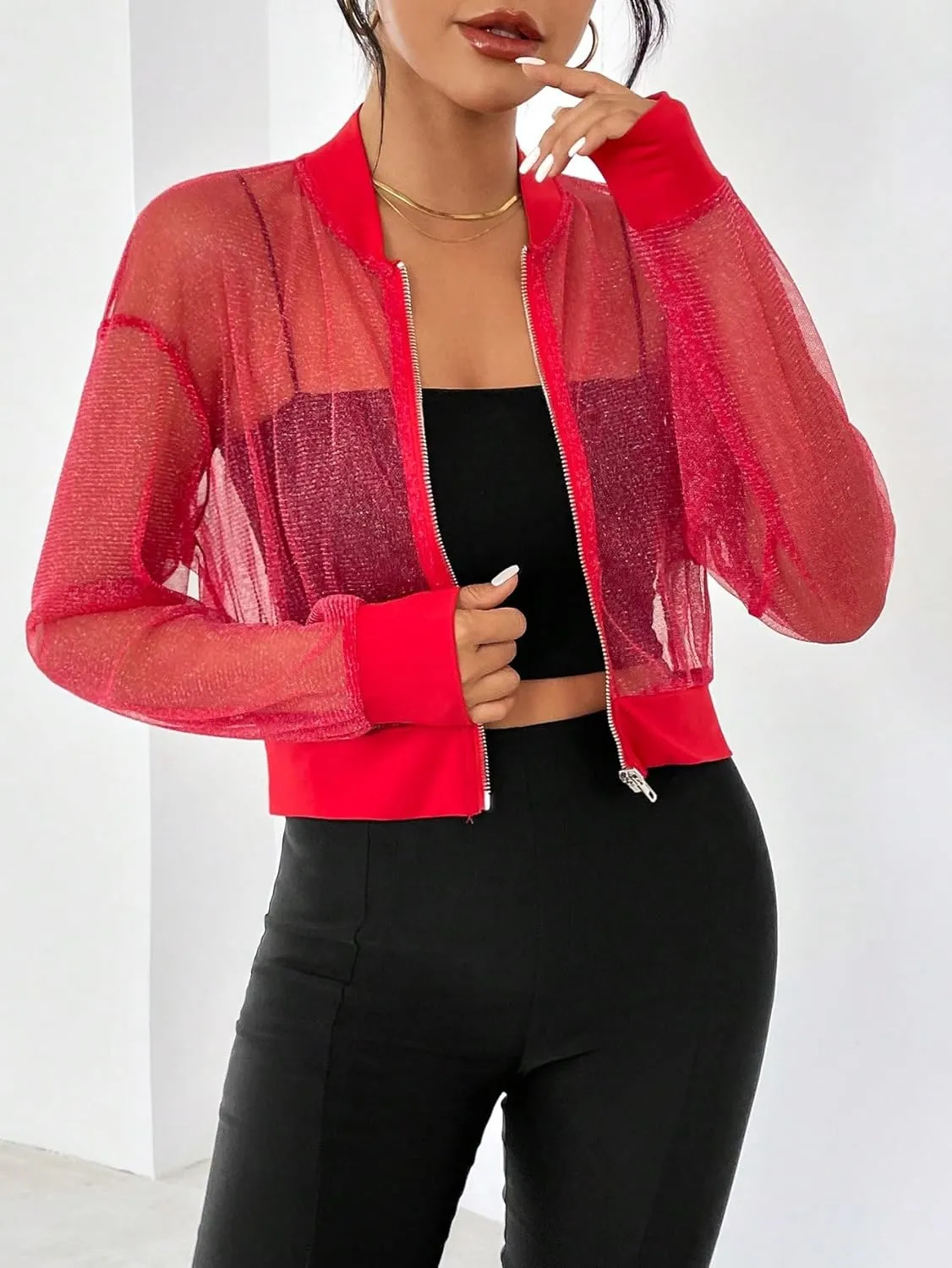 WDIRARA Women's Zip Up Glitter Mesh Bomber Jacket Drop Shoulder Long Sleeve Coats