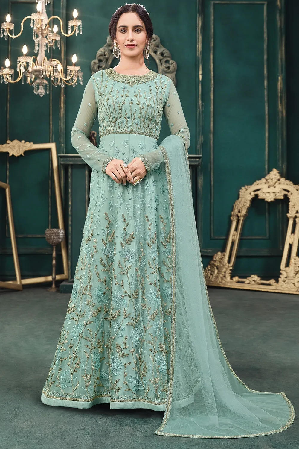 Wedding Party Turquoise Blue Net Designer Anarkali Suit