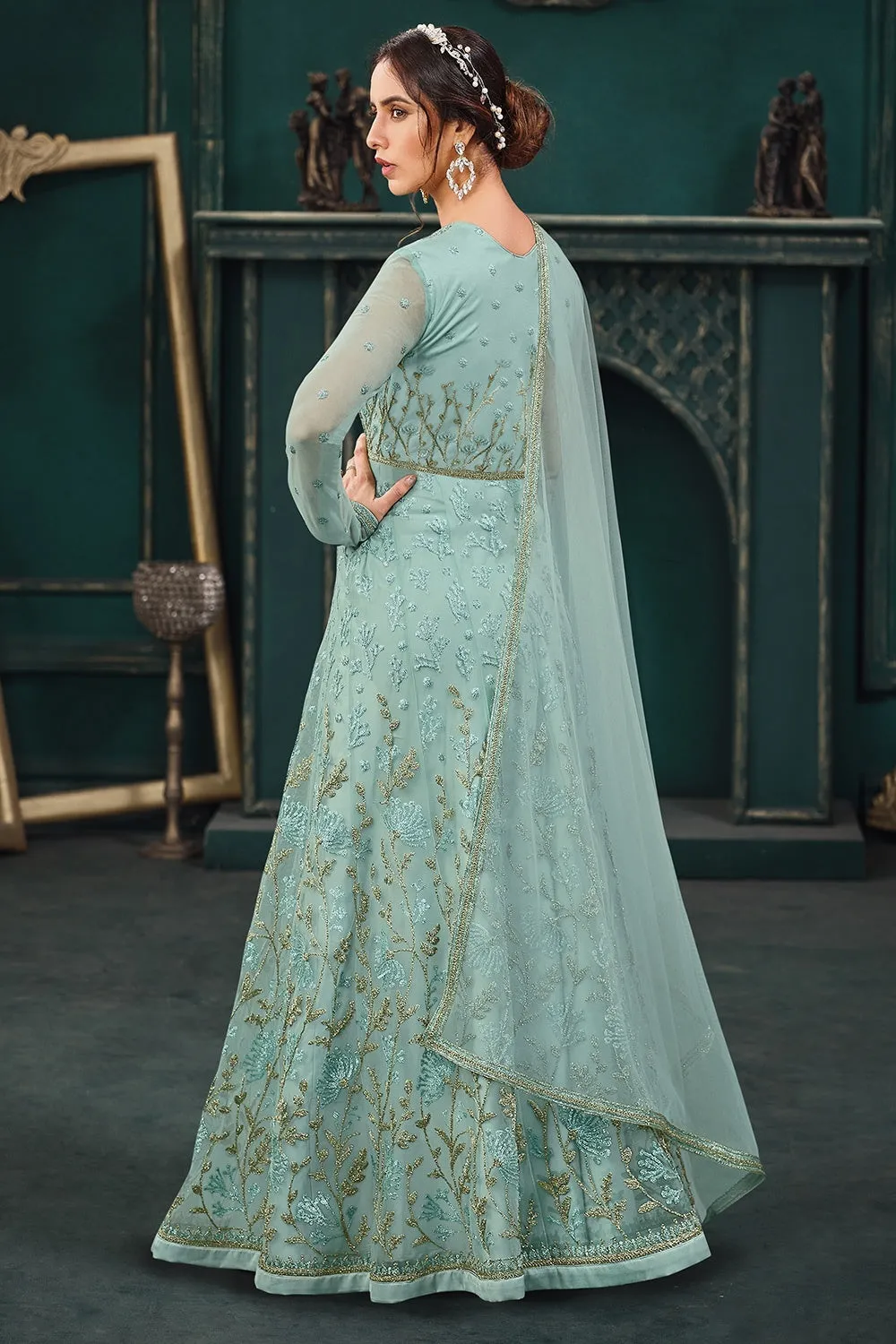 Wedding Party Turquoise Blue Net Designer Anarkali Suit