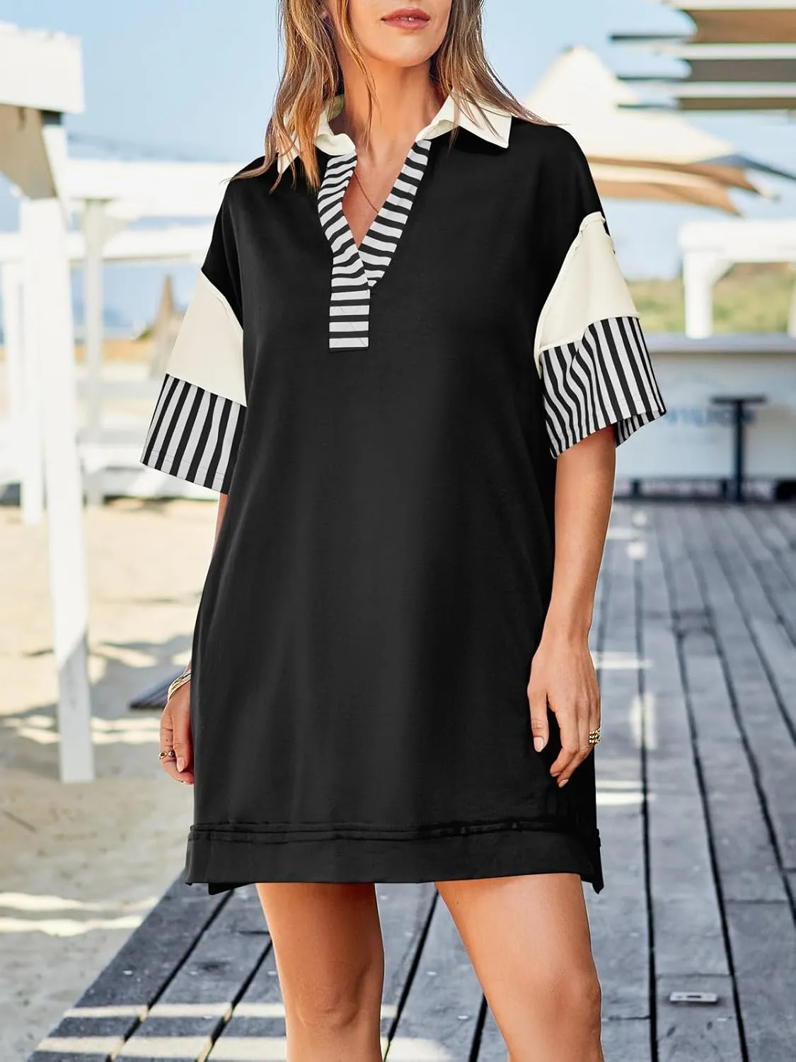 Wenrine Women's Polo V Neck T Shirt Dress Casual Summer Oversized Color Block Short Sleeve Sweatshirt Mini Dresses