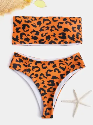 Wholesale Leopard Strapless High Waist Fashion Orange Bikinis