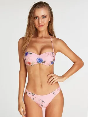 Wholesale Pink Tube Top Strapless Sleeveless Floral Print Backless Two Piece Bikinis
