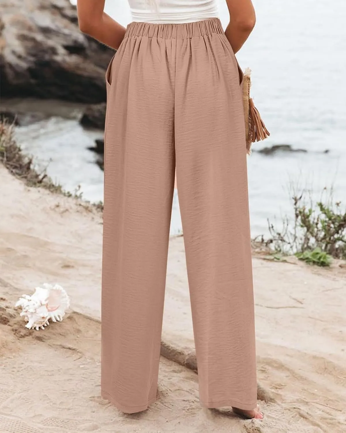 Wide Leg Dress Pants for Women Business Casual Elastic Waist Comfy Work Pants Baggy Lounge Pants Trousers with Pocket