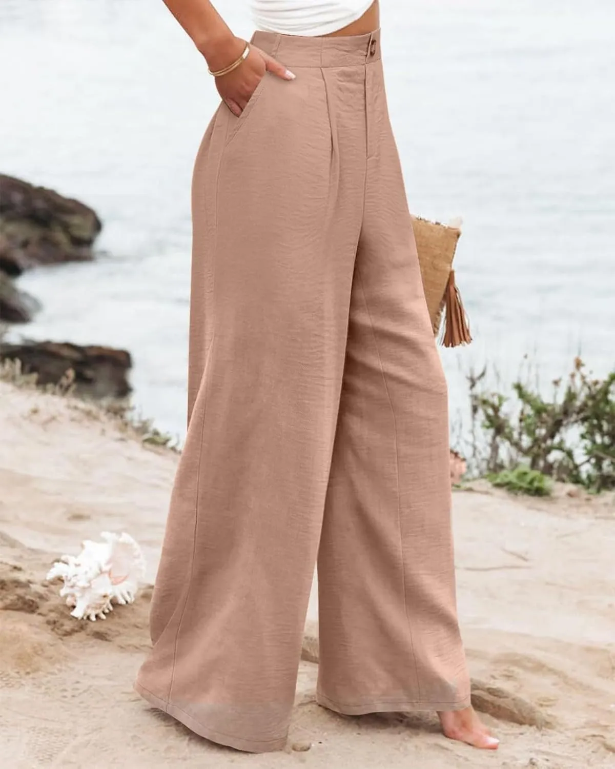 Wide Leg Dress Pants for Women Business Casual Elastic Waist Comfy Work Pants Baggy Lounge Pants Trousers with Pocket