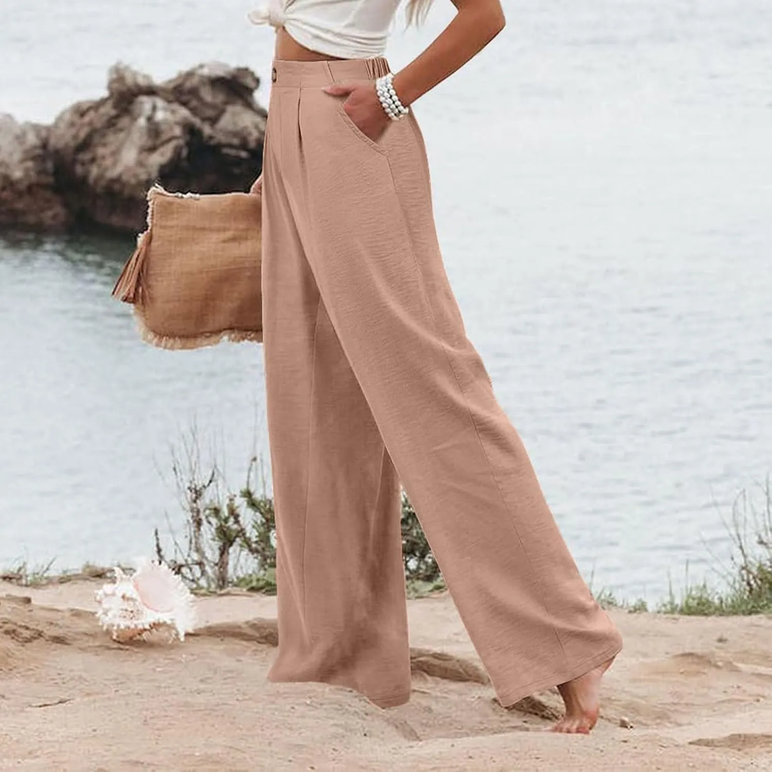 Wide Leg Dress Pants for Women Business Casual Elastic Waist Comfy Work Pants Baggy Lounge Pants Trousers with Pocket