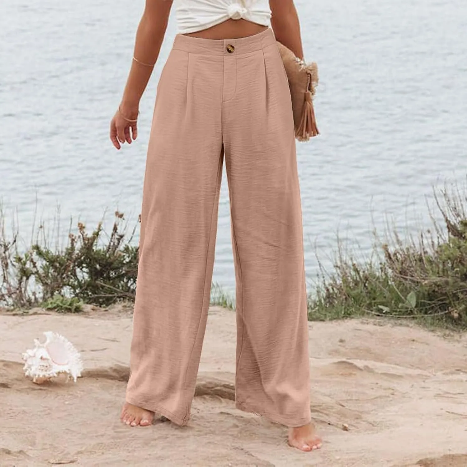 Wide Leg Dress Pants for Women Business Casual Elastic Waist Comfy Work Pants Baggy Lounge Pants Trousers with Pocket