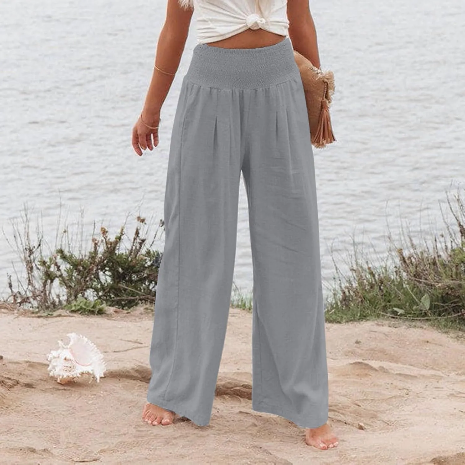 Wide Leg Linen Pants for Women Casual Summer Palazzo Pants Lightweight High Waisted Flowy Beach Pants 2024 Fashion