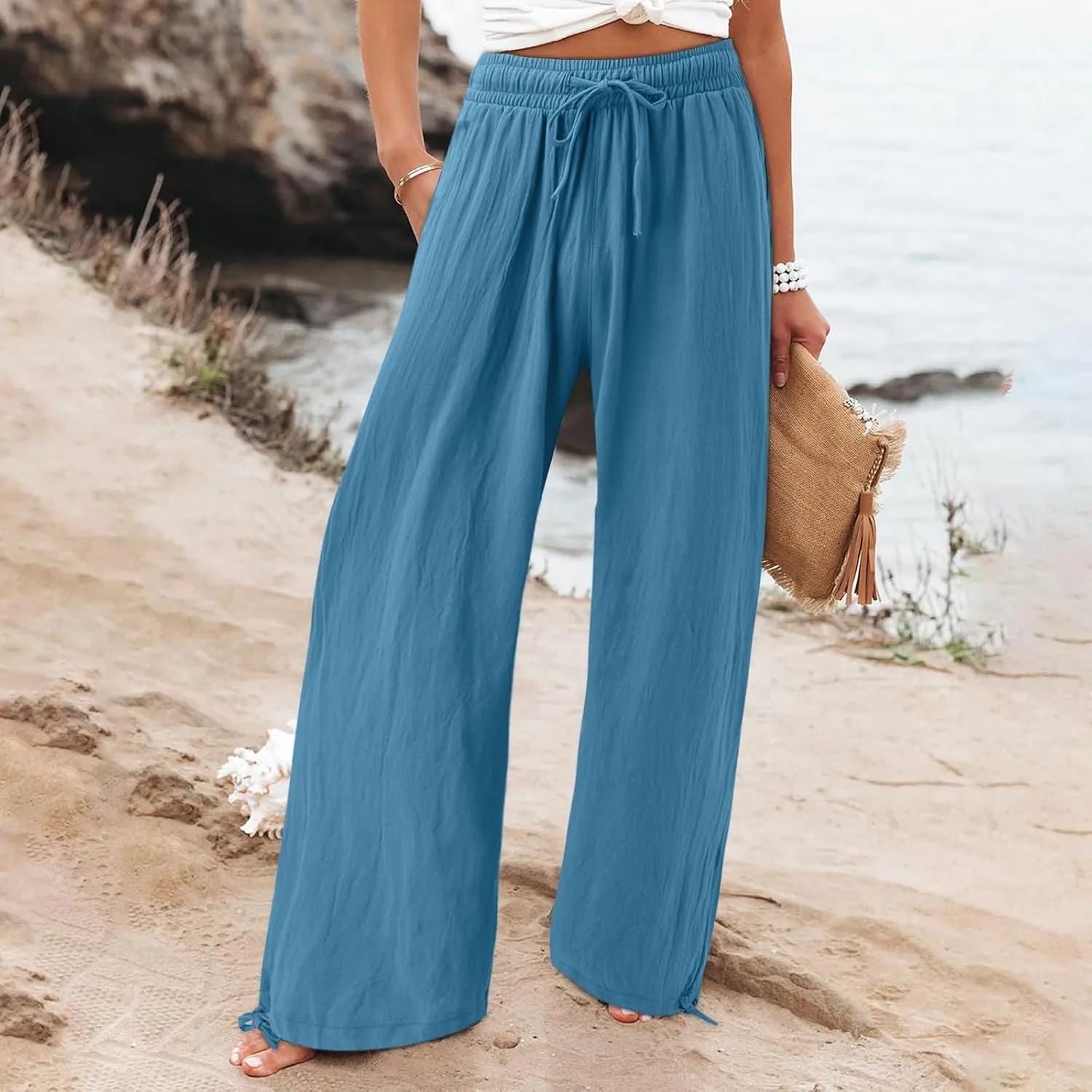 Wide Leg Linen Pants for Women Casual Summer Palazzo Pants Lightweight High Waisted Flowy Beach Pants 2024 Fashion