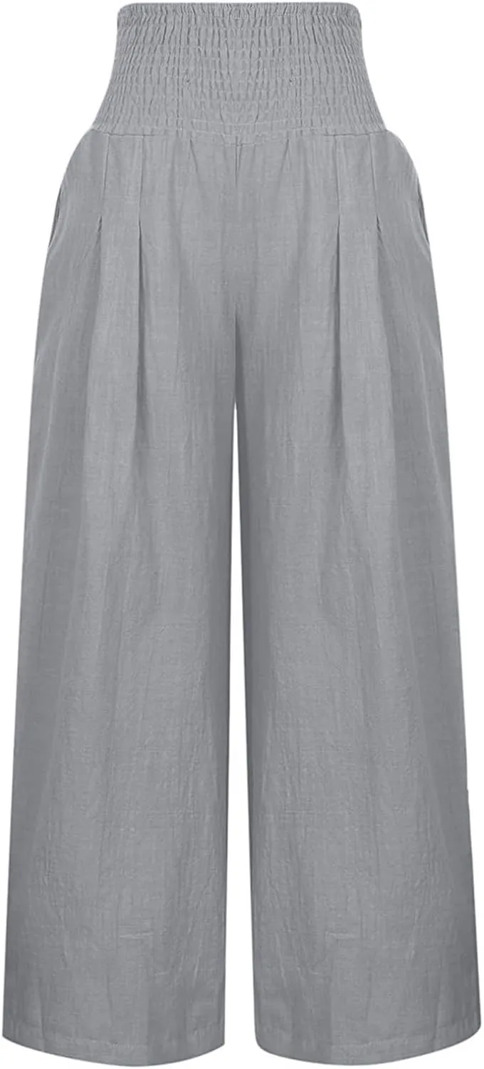 Wide Leg Linen Pants for Women Casual Summer Palazzo Pants Lightweight High Waisted Flowy Beach Pants 2024 Fashion