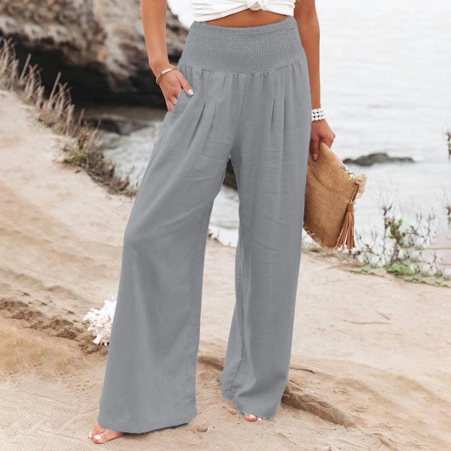 Wide Leg Linen Pants for Women Casual Summer Palazzo Pants Lightweight High Waisted Flowy Beach Pants 2024 Fashion