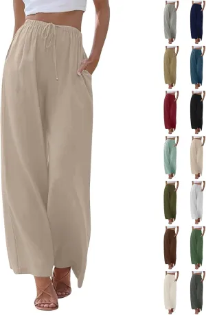 Wide Leg Linen Pants for Women Long Lightweight Drawstring Elastic Waist Palazzo Pants Casual Loose Flowy Beach Pants