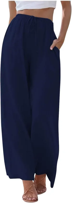 Wide Leg Linen Pants for Women Long Lightweight Drawstring Elastic Waist Palazzo Pants Casual Loose Flowy Beach Pants