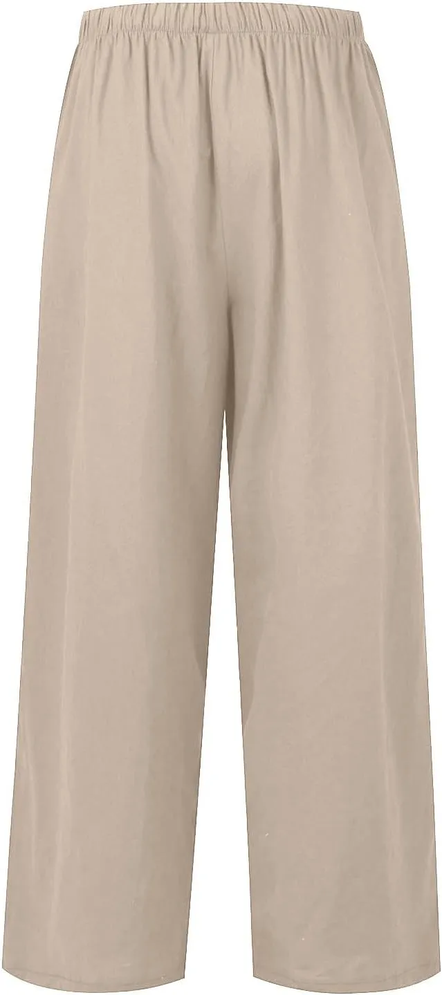 Wide Leg Linen Pants for Women Long Lightweight Drawstring Elastic Waist Palazzo Pants Casual Loose Flowy Beach Pants
