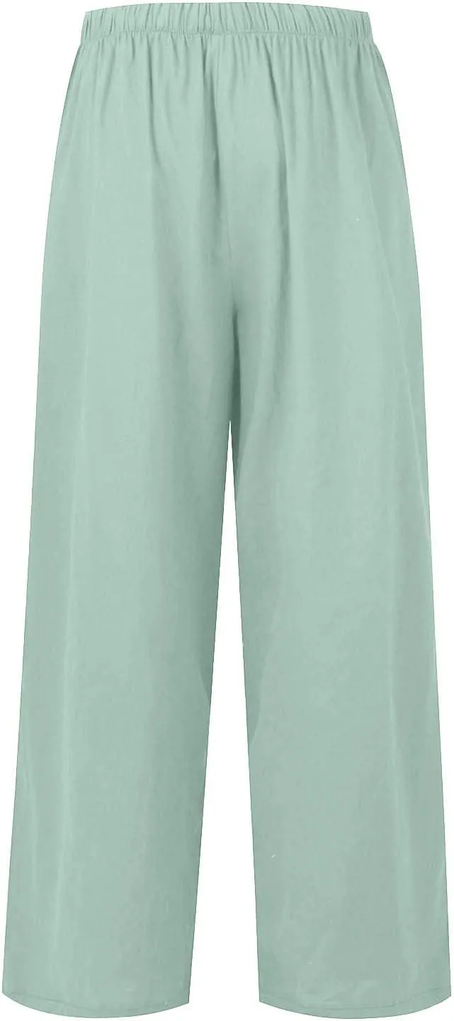Wide Leg Linen Pants for Women Long Lightweight Drawstring Elastic Waist Palazzo Pants Casual Loose Flowy Beach Pants
