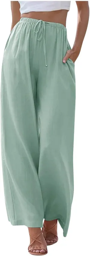 Wide Leg Linen Pants for Women Long Lightweight Drawstring Elastic Waist Palazzo Pants Casual Loose Flowy Beach Pants