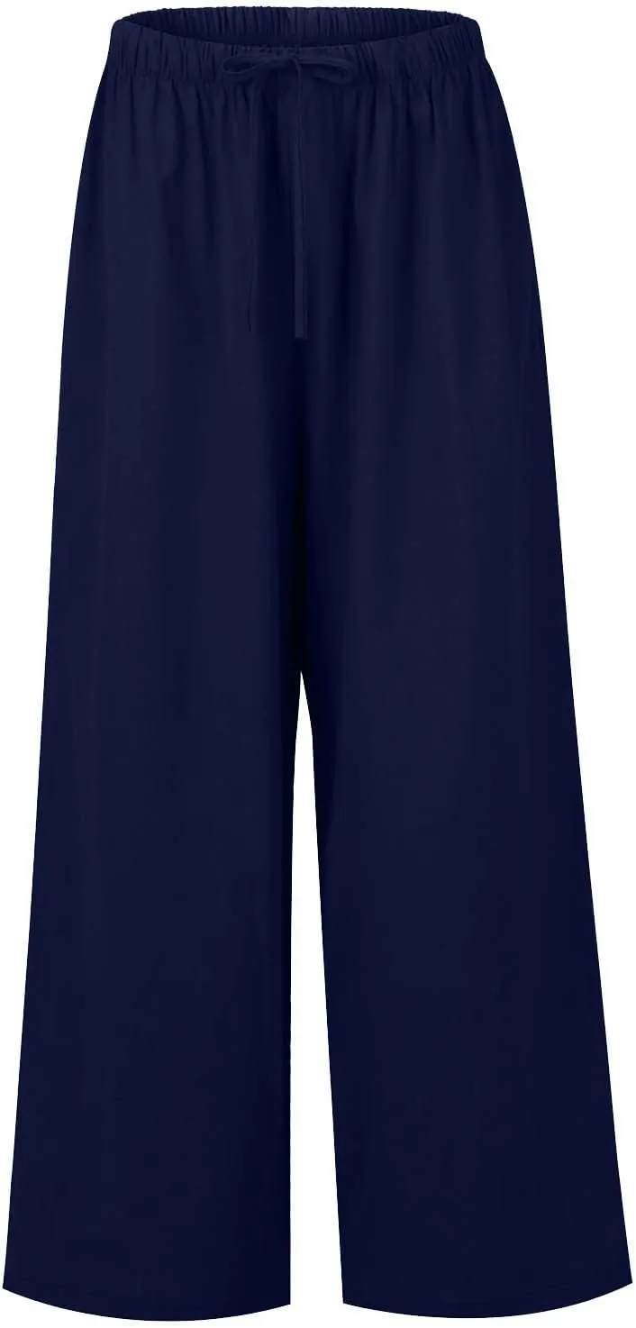 Wide Leg Linen Pants for Women Long Lightweight Drawstring Elastic Waist Palazzo Pants Casual Loose Flowy Beach Pants