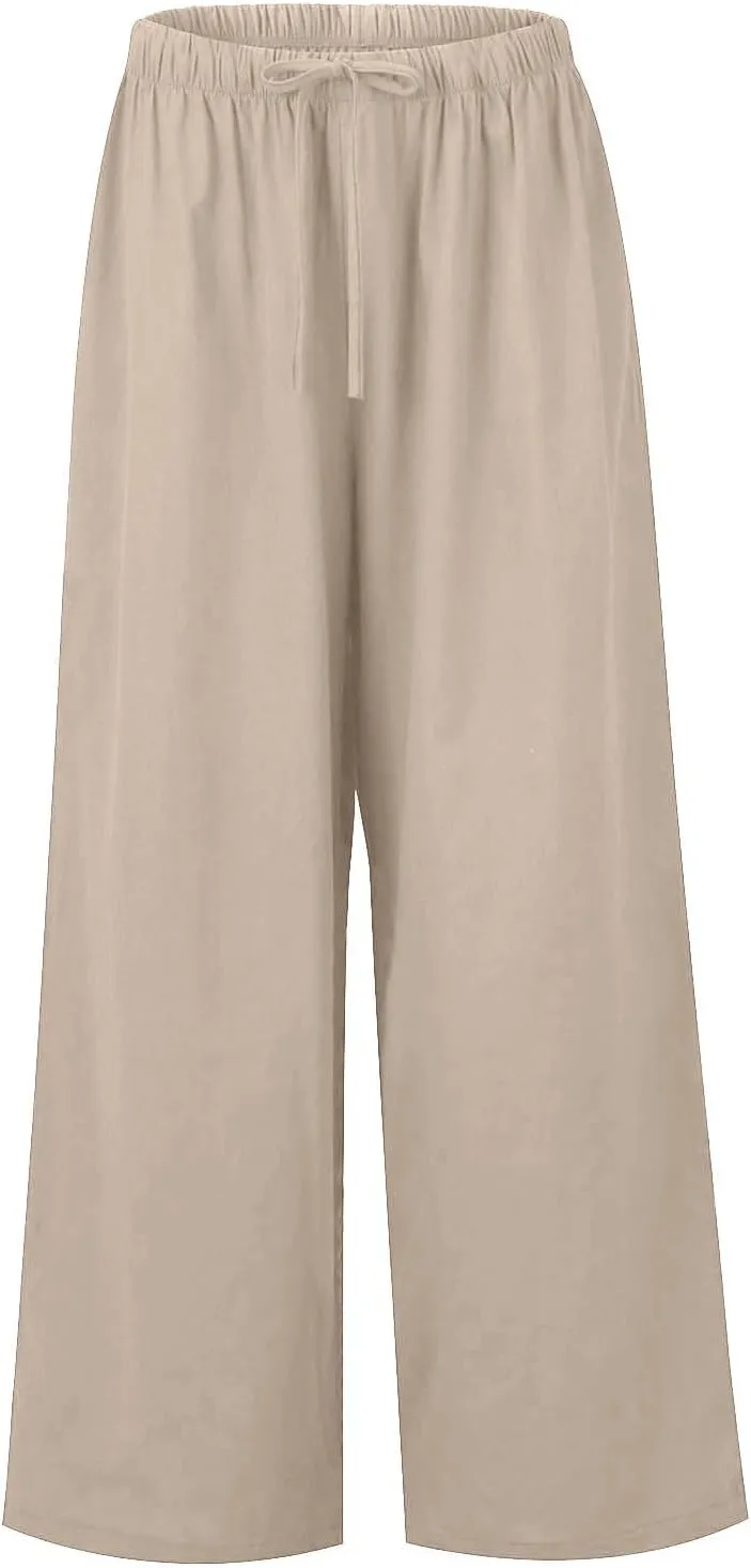 Wide Leg Linen Pants for Women Long Lightweight Drawstring Elastic Waist Palazzo Pants Casual Loose Flowy Beach Pants