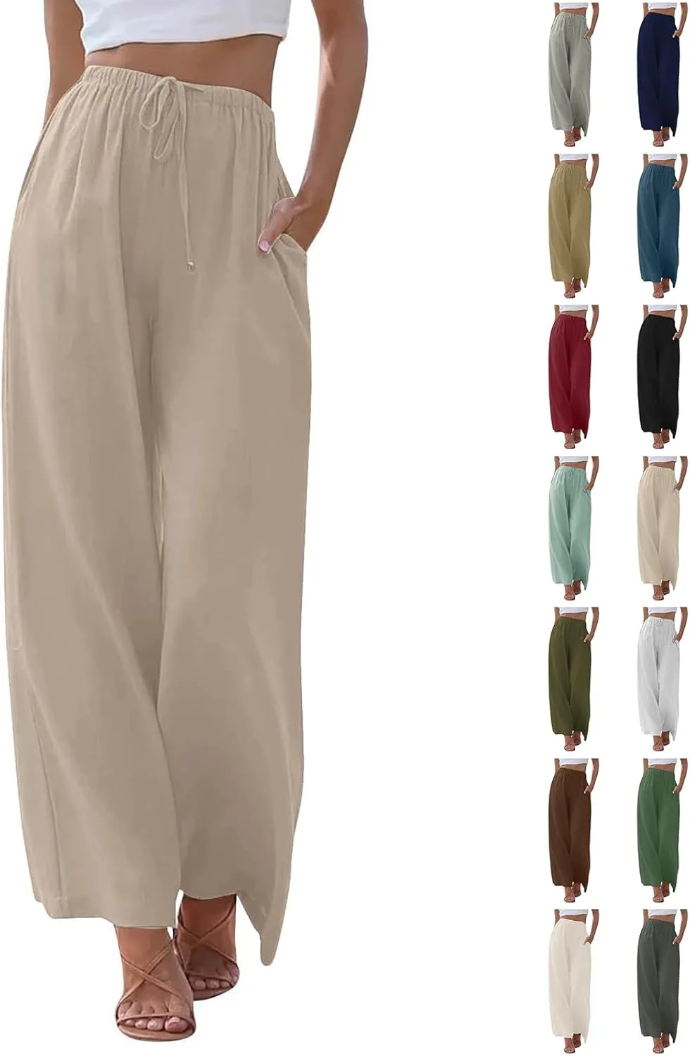 Wide Leg Linen Pants for Women Long Lightweight Drawstring Elastic Waist Palazzo Pants Casual Loose Flowy Beach Pants