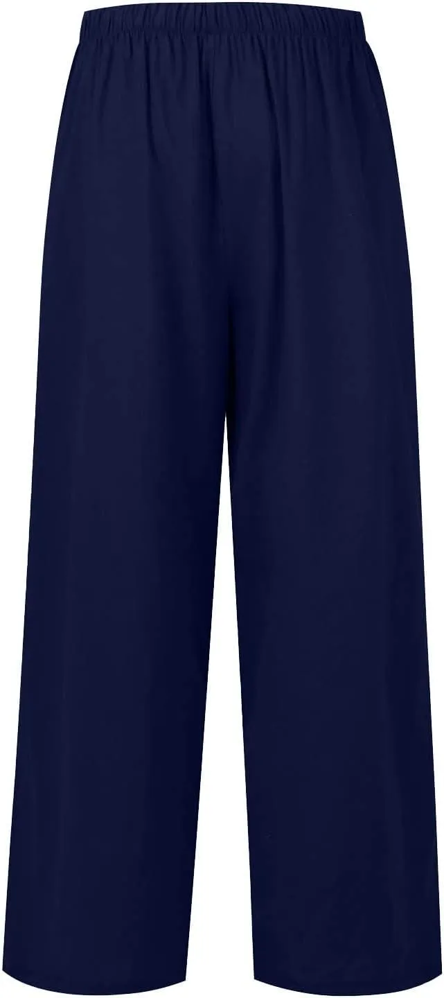 Wide Leg Linen Pants for Women Long Lightweight Drawstring Elastic Waist Palazzo Pants Casual Loose Flowy Beach Pants