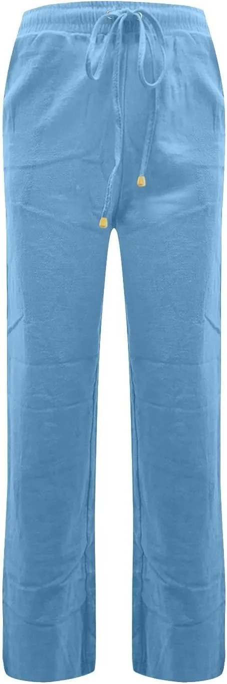 Wide Leg Linen Pants Women Summer Casual Lightweight Elastic High Waisted Lounge Pants Loose Fit Beach Pants