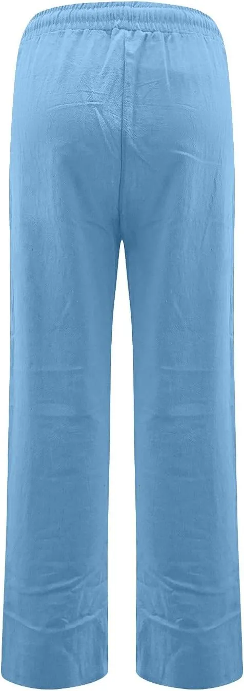 Wide Leg Linen Pants Women Summer Casual Lightweight Elastic High Waisted Lounge Pants Loose Fit Beach Pants