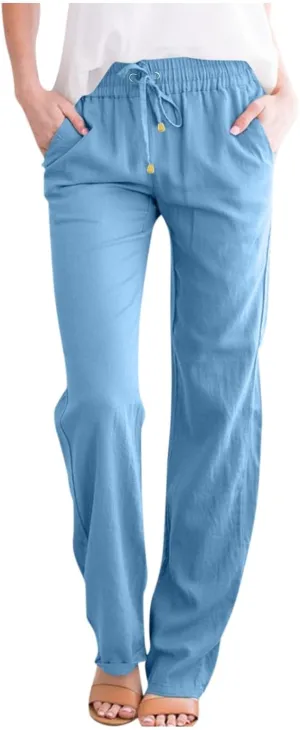 Wide Leg Linen Pants Women Summer Casual Lightweight Elastic High Waisted Lounge Pants Loose Fit Beach Pants
