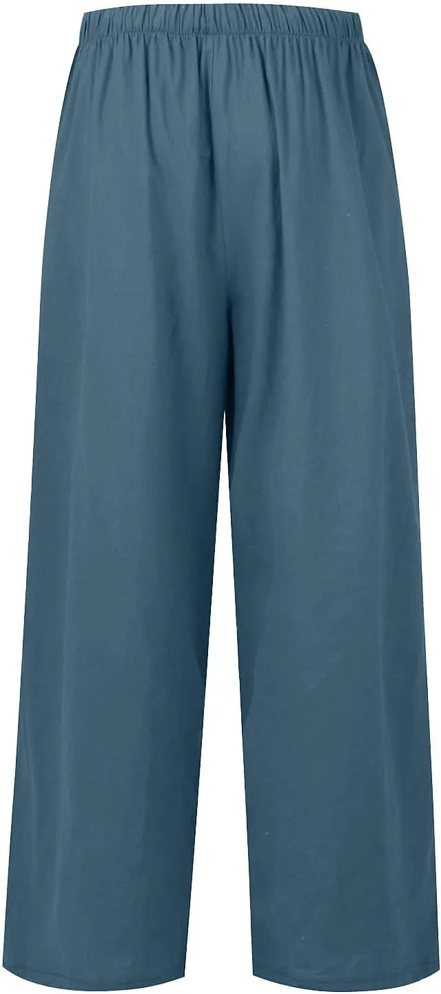 Wide Leg Linen Pants Women Summer Lightweight Elastic High Waisted Flowy Palazzo Pants Loose Fit Lounge Beach Pants