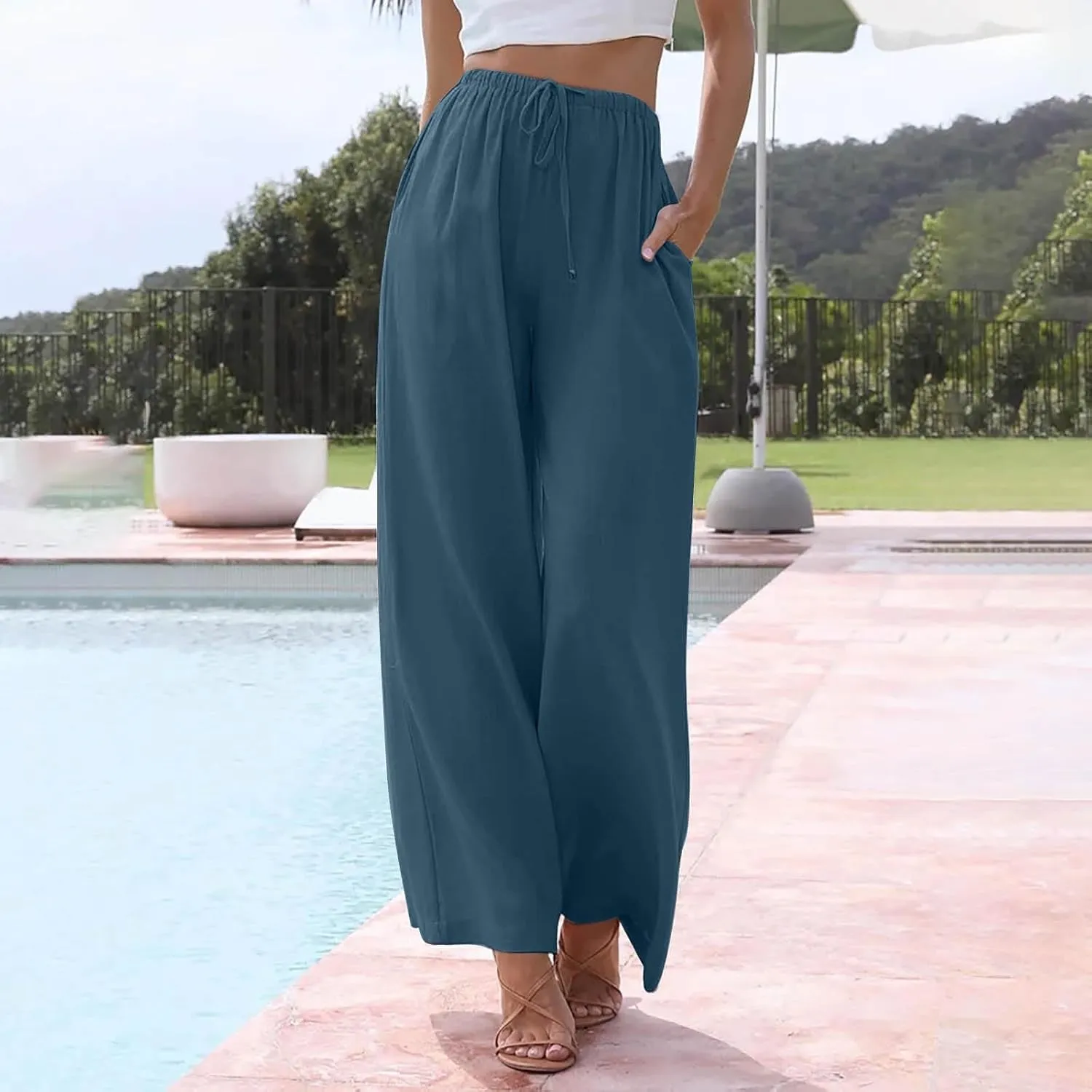 Wide Leg Linen Pants Women Summer Lightweight Elastic High Waisted Flowy Palazzo Pants Loose Fit Lounge Beach Pants