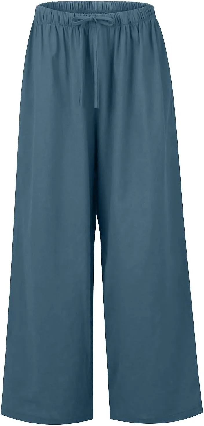 Wide Leg Linen Pants Women Summer Lightweight Elastic High Waisted Flowy Palazzo Pants Loose Fit Lounge Beach Pants